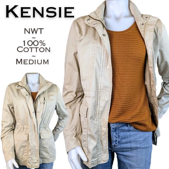 NEW Kensie Cotton Zip Jacket Pale Khaki Drawstring Waist Size Medium - Picture 1 of 8